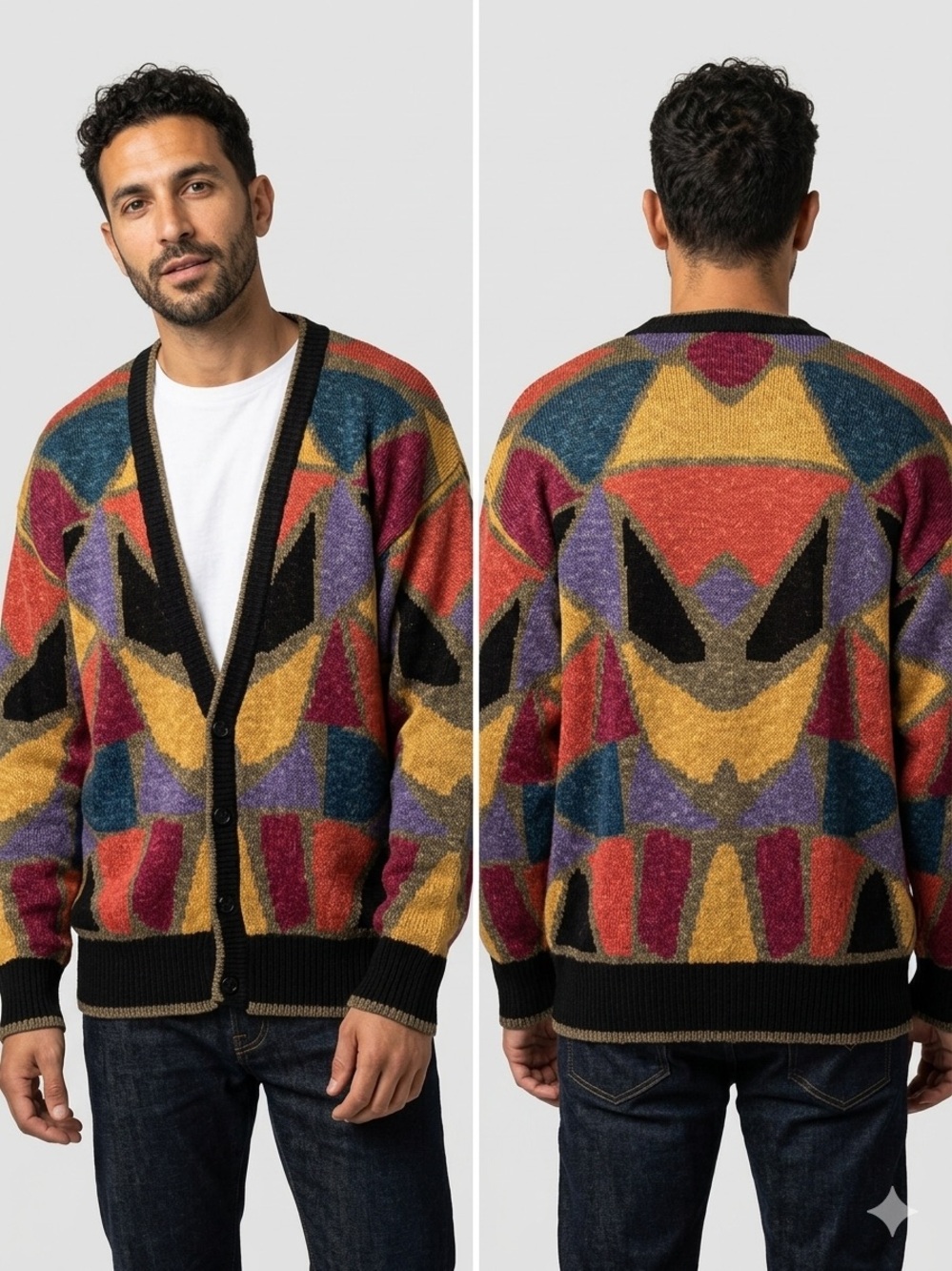 Vintage Multicolor Geometric Cardigan - Mustard, Red, Purple, Teal, Black